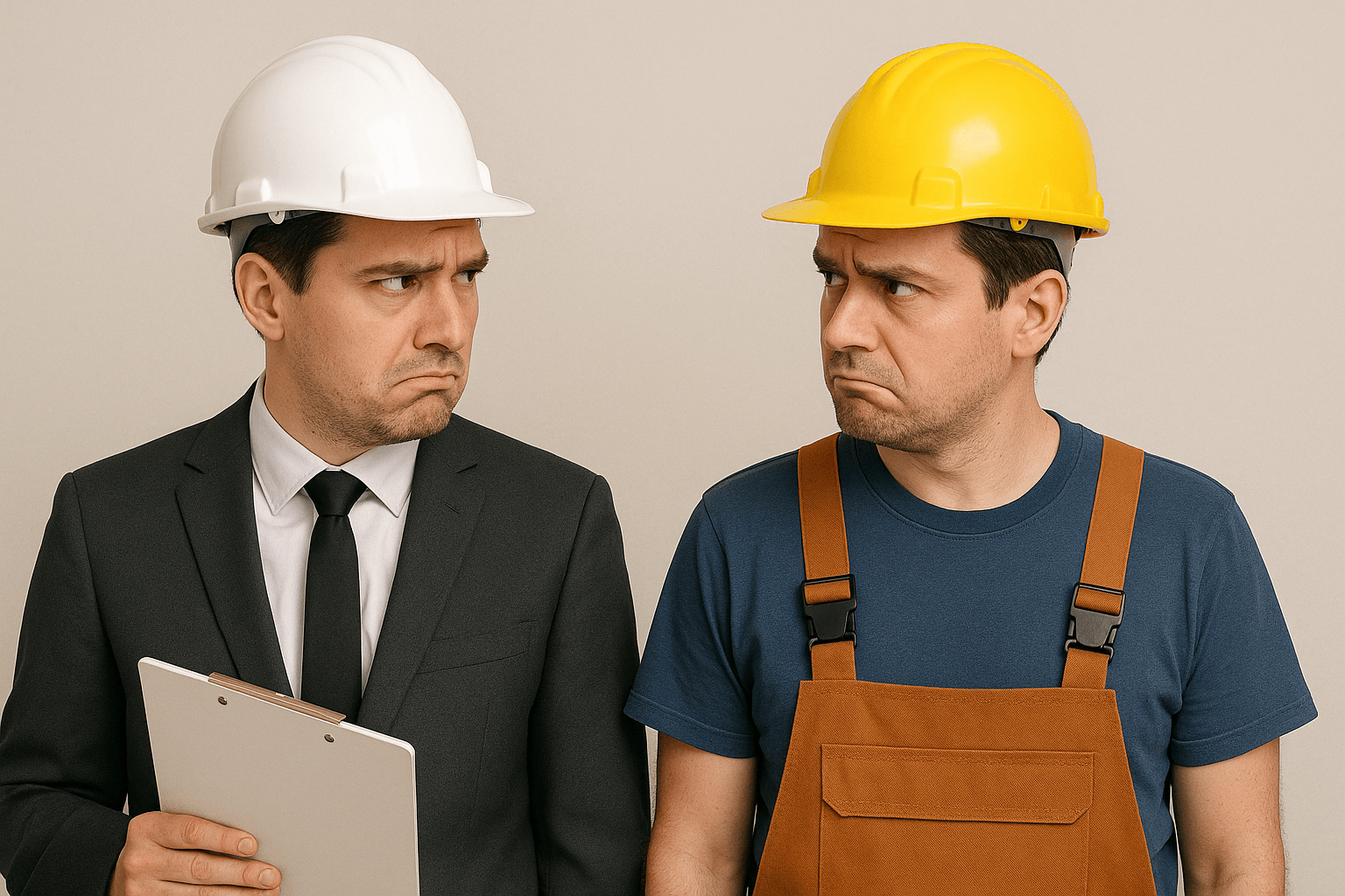 Two males, dressed in suit and tradies outfit, wearing hard hats, project manager, or developer.